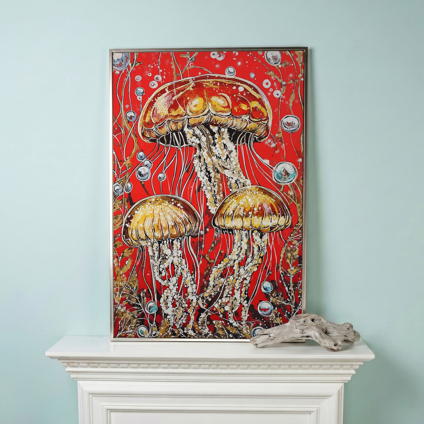 Jellyfish on Red. Underwater Canvas Wall Art in silver floating frame