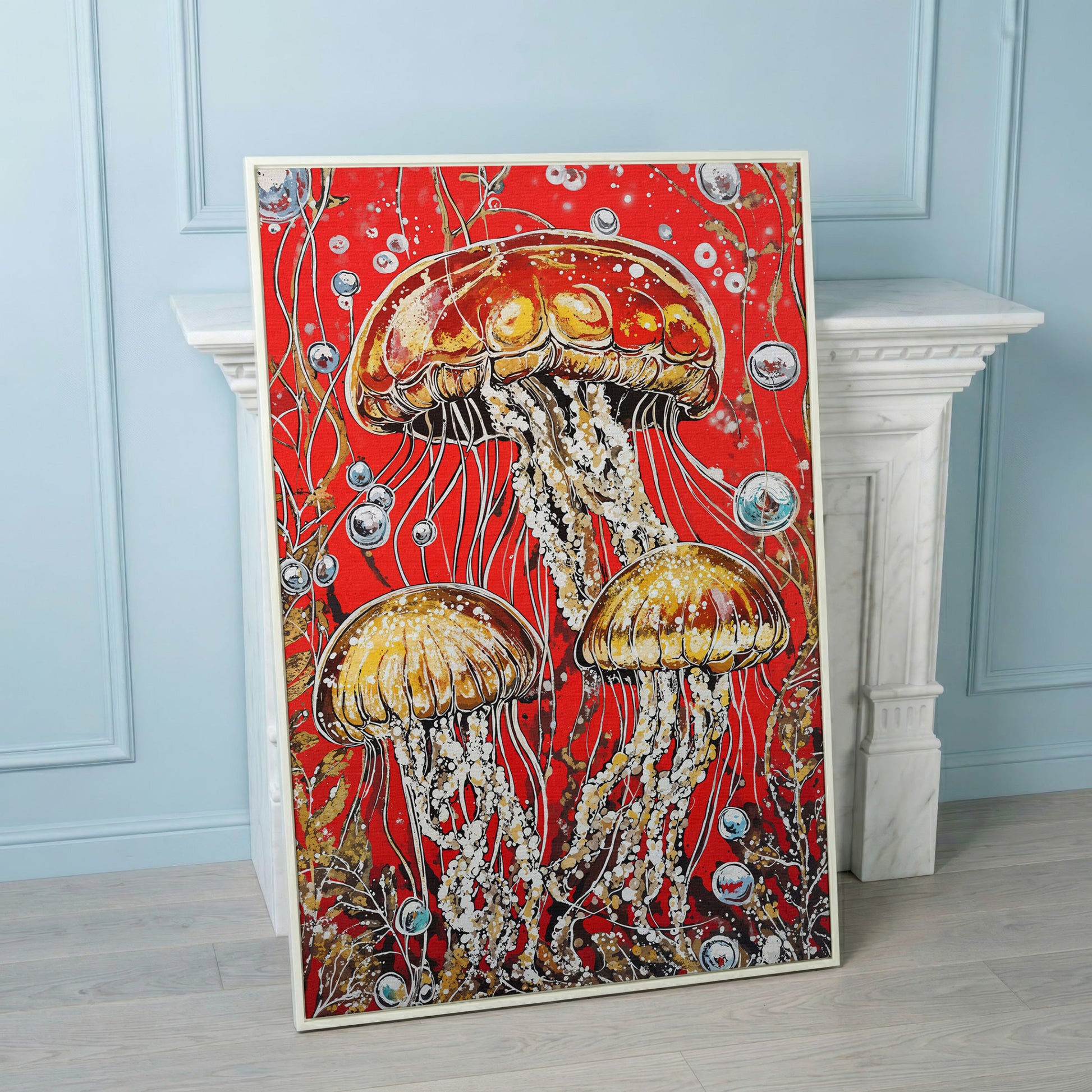 Jellyfish on Red. Underwater Canvas Wall Art in white floating frame