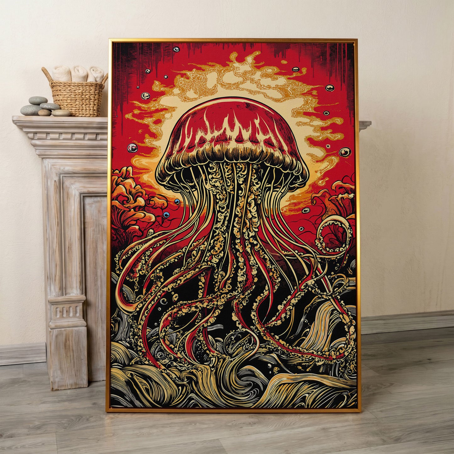 Stylized Jellyfish Canvas Print. Abstract Underwater Art in antique gold floating frame