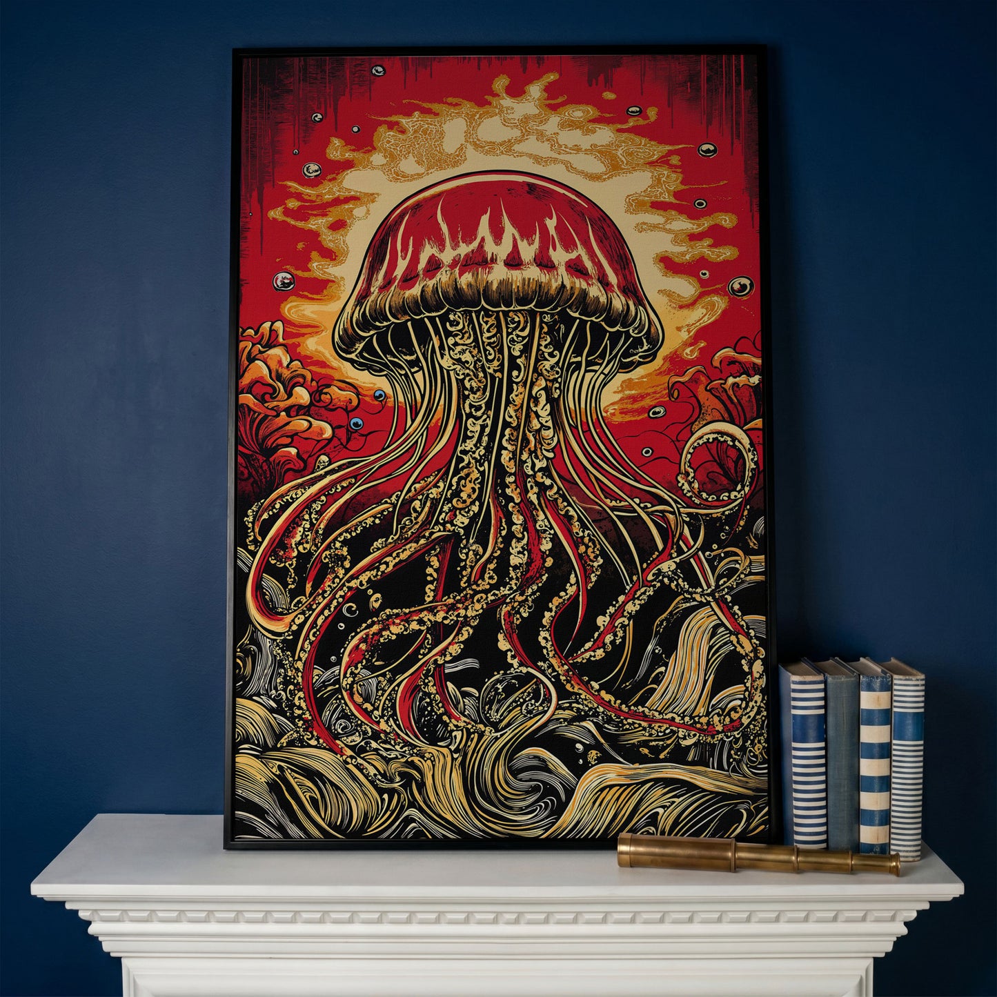 Stylized Jellyfish Canvas Print. Abstract Underwater Art in black floating frame