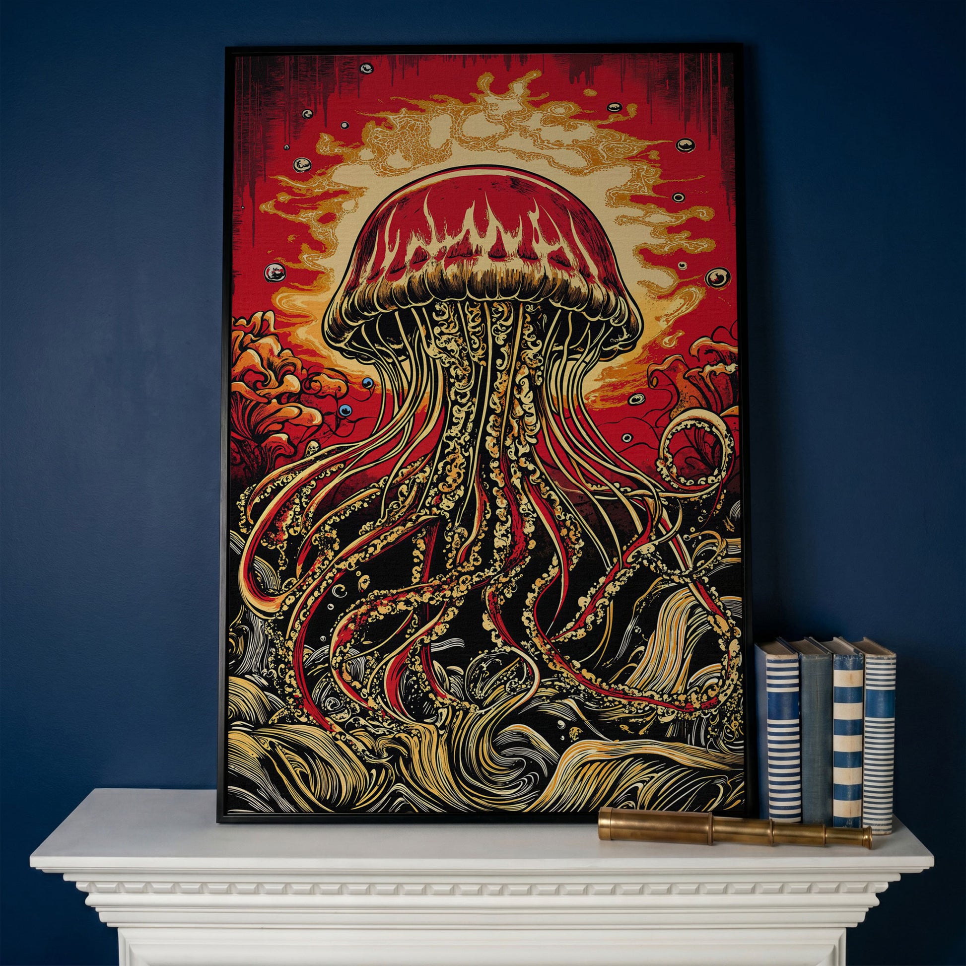 Stylized Jellyfish Canvas Print. Abstract Underwater Art in black floating frame