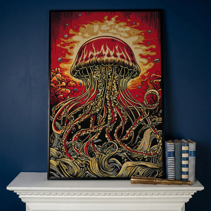 Stylized Jellyfish Canvas Print. Abstract Underwater Art in black floating frame
