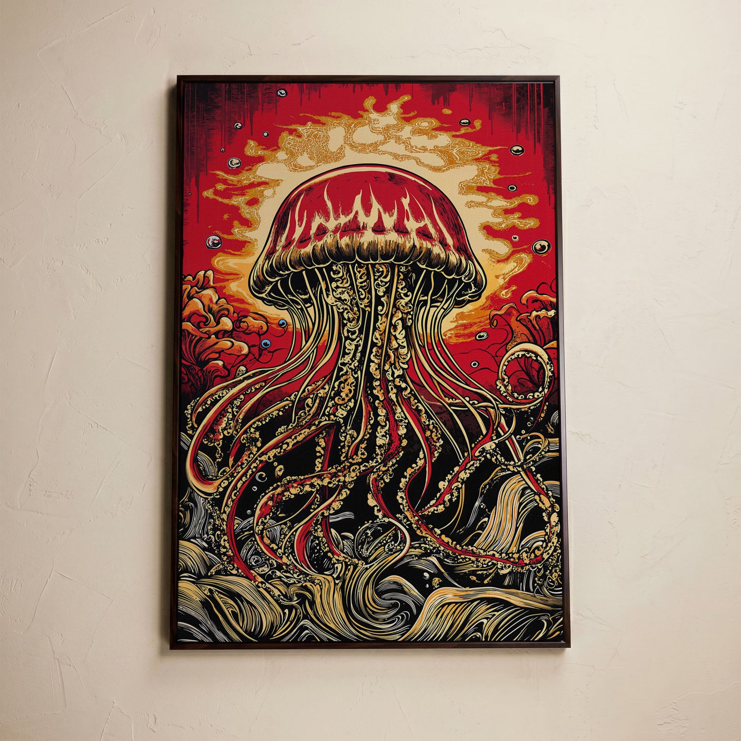 Stylized Jellyfish Canvas Print. Abstract Underwater Art in dark walnut floating frame