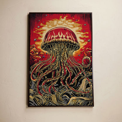 Stylized Jellyfish Canvas Print. Abstract Underwater Art in dark walnut floating frame