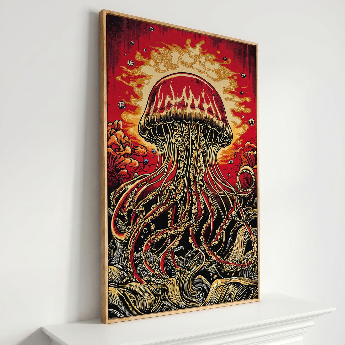 Stylized Jellyfish Canvas Print. Abstract Underwater Art in white oak floating frame