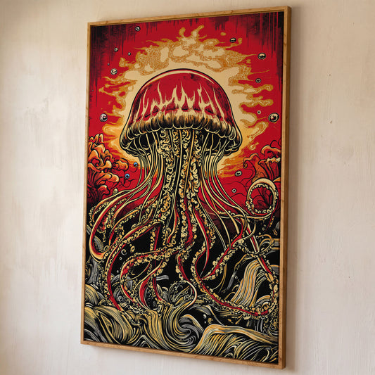 Stylized Jellyfish Canvas Print. Abstract Underwater Art shown in white oak floating frame