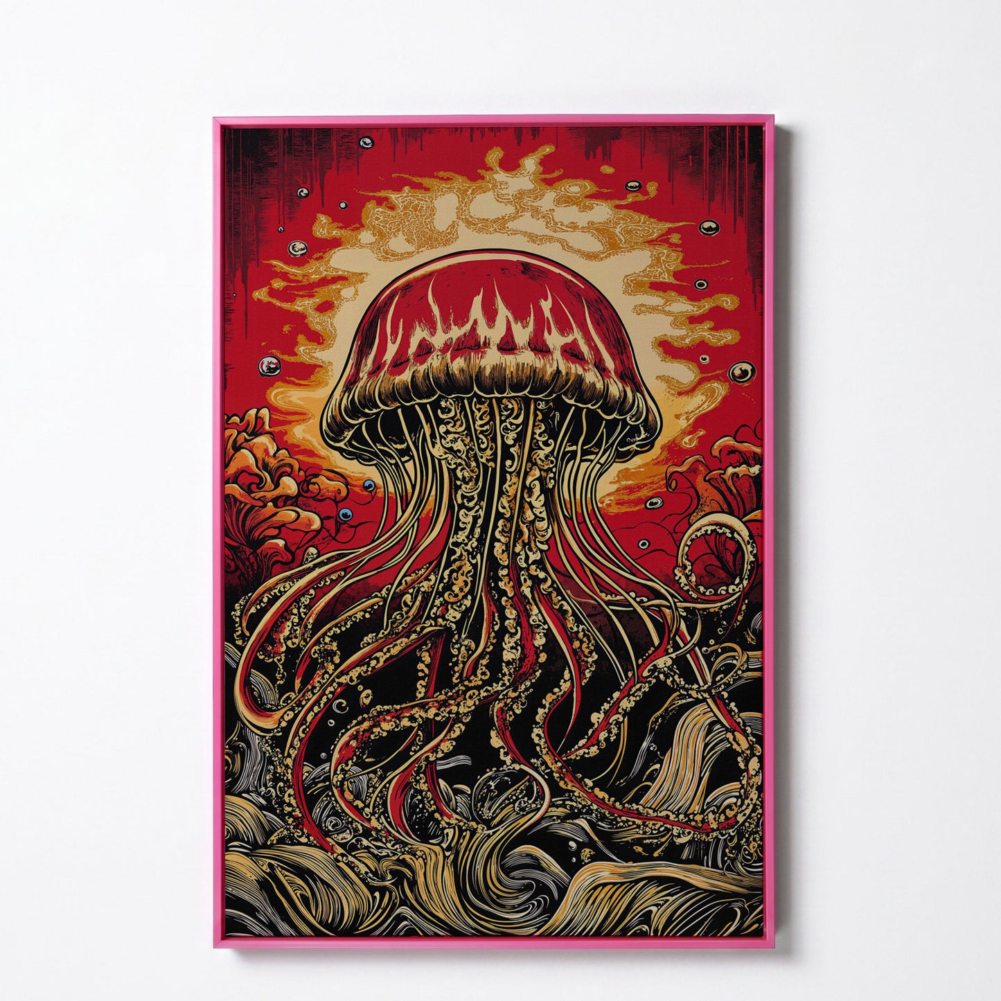 Stylized Jellyfish Canvas Print. Abstract Underwater Art in pink floating frame