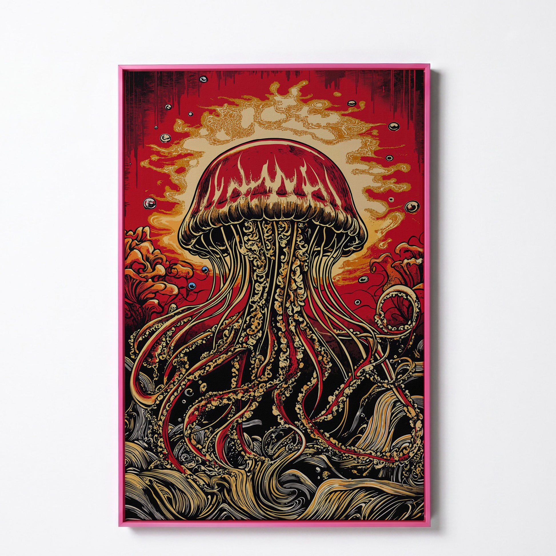 Stylized Jellyfish Canvas Print. Abstract Underwater Art in pink floating frame