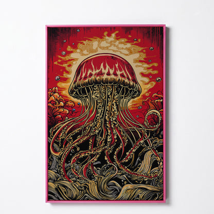 Stylized Jellyfish Canvas Print. Abstract Underwater Art in pink floating frame