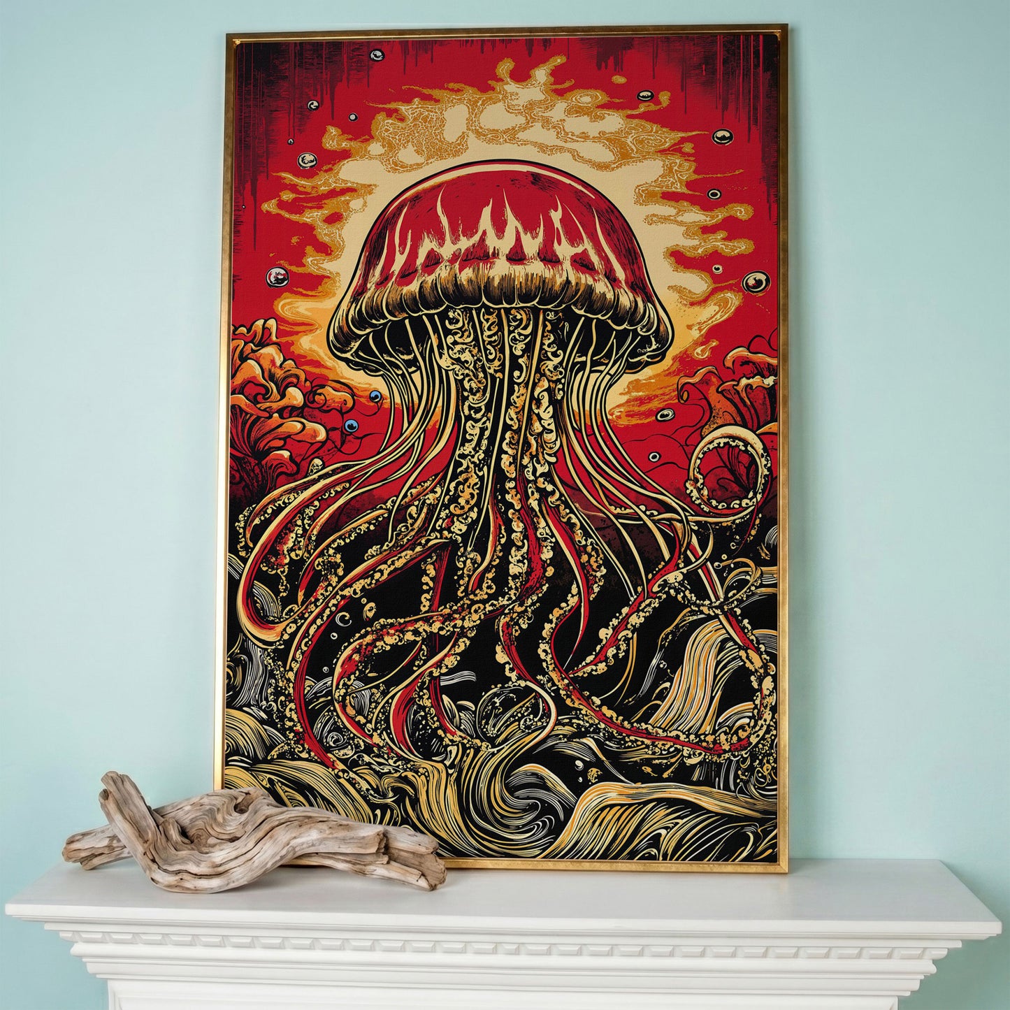Stylized Jellyfish Canvas Print. Abstract Underwater Art in rose gold floating frame