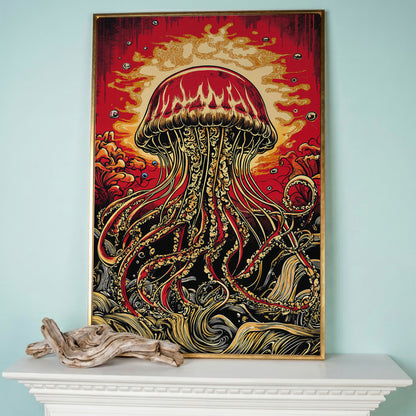 Stylized Jellyfish Canvas Print. Abstract Underwater Art in rose gold floating frame