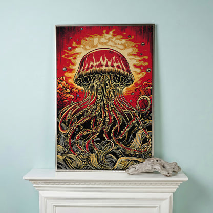 Stylized Jellyfish Canvas Print. Abstract Underwater Art in silver floating frame