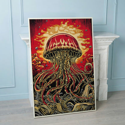 Stylized Jellyfish Canvas Print. Abstract Underwater Art in white floating frame