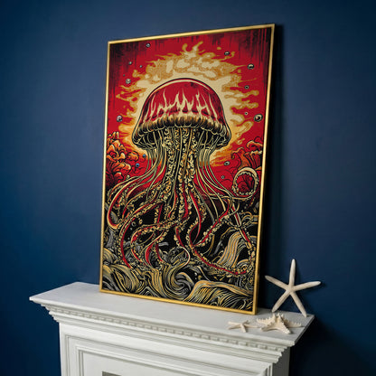Stylized Jellyfish Canvas Print. Abstract Underwater Art in yellow gold floating frame