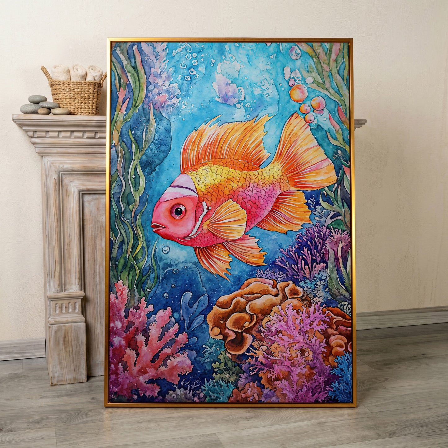 Whimsical Coral Reef Fish Canvas Art, Vibrant Underwater Portrait in antique gold floating frame