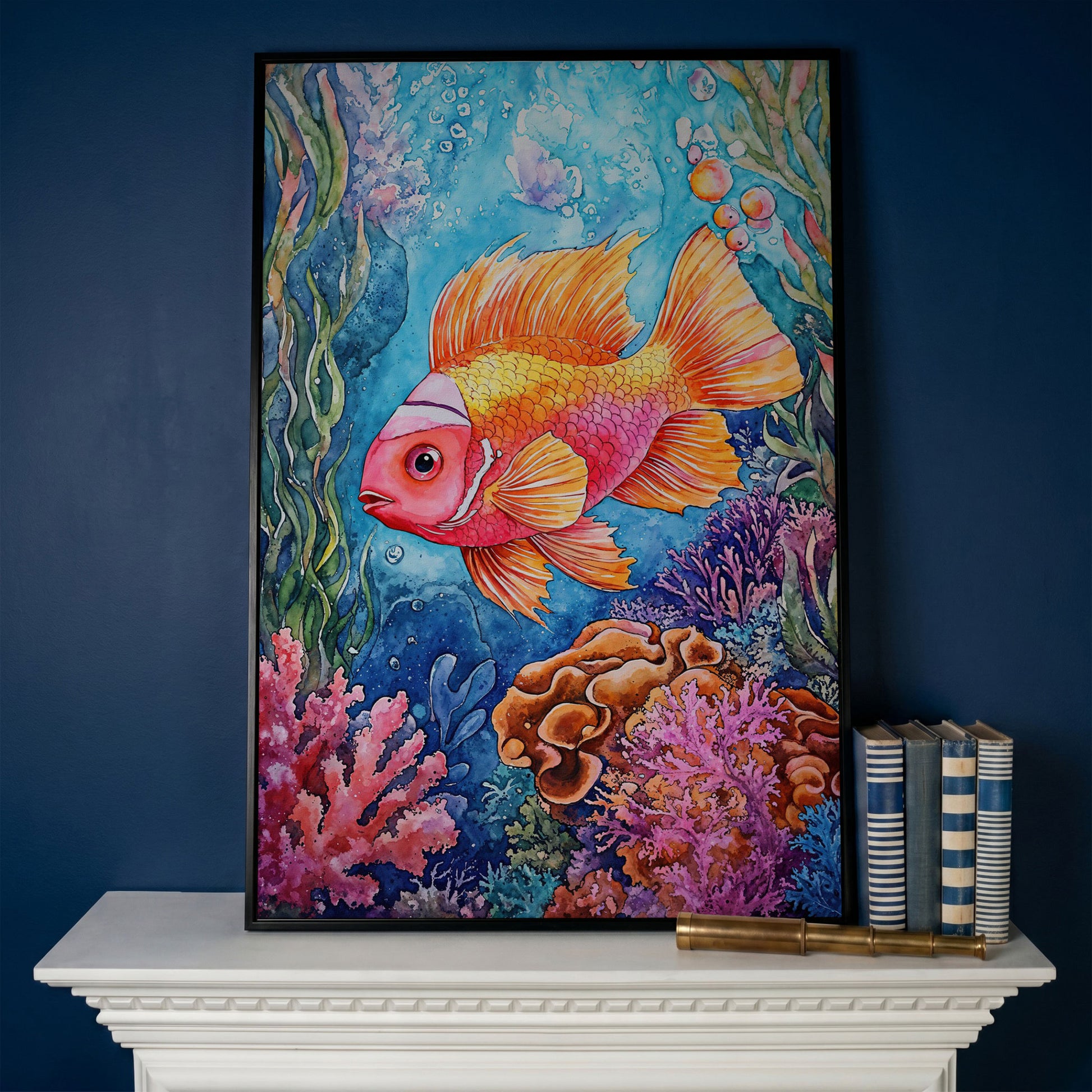 Whimsical Coral Reef Fish Canvas Art, Vibrant Underwater Portrait in black floating frame