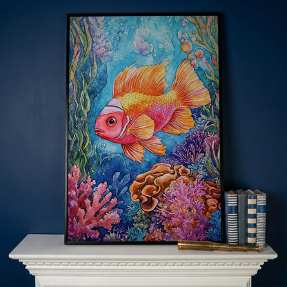 Whimsical Coral Reef Fish Canvas Art, Vibrant Underwater Portrait in black floating frame