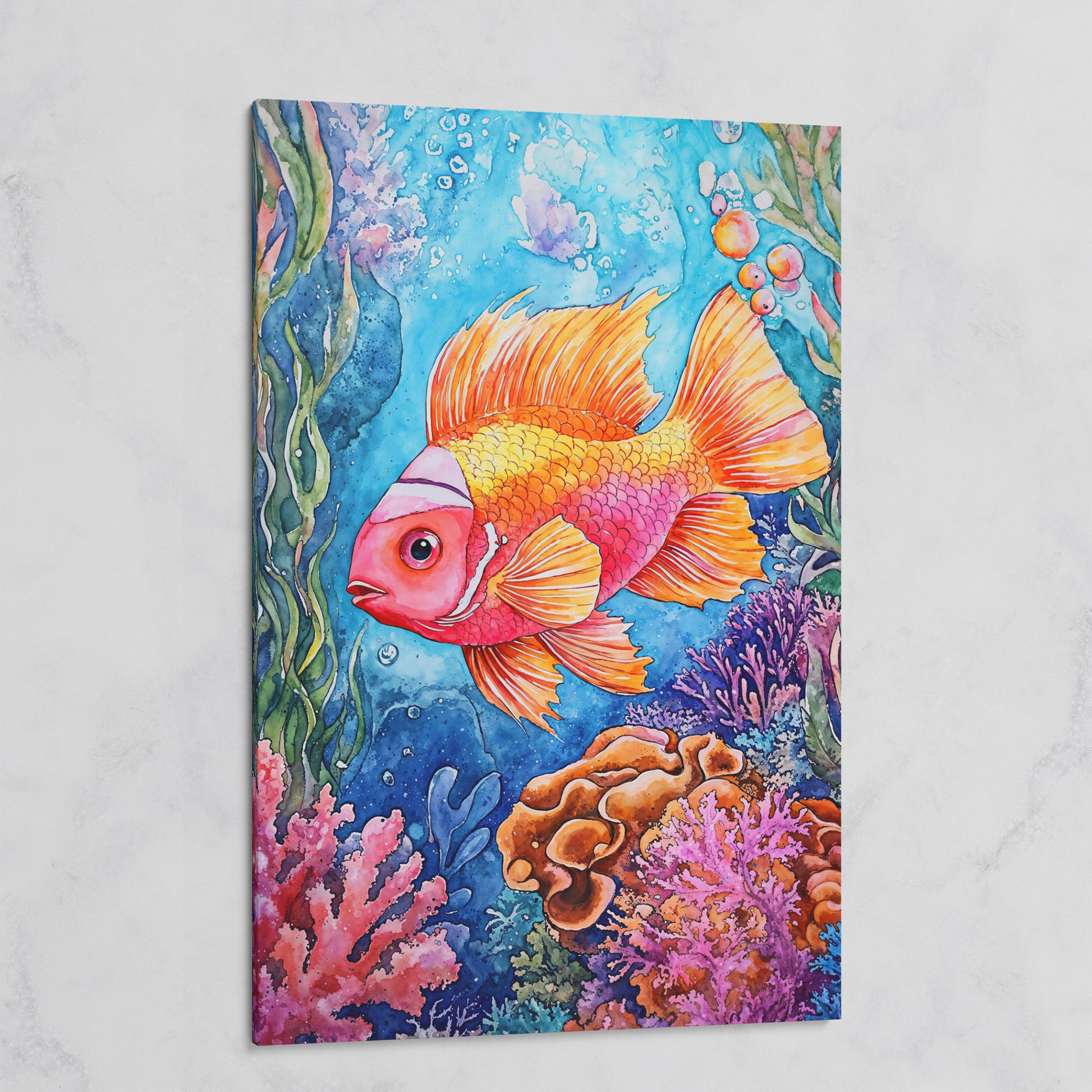 Whimsical Coral Reef Fish Canvas Art, Vibrant Underwater Portrait on gallery wrap