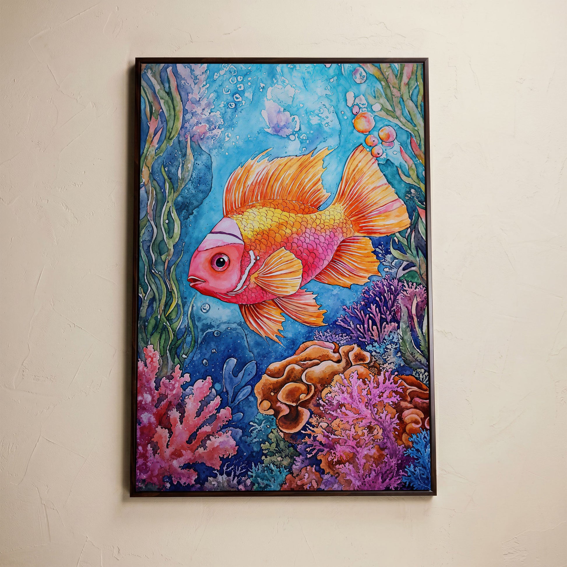 Whimsical Coral Reef Fish Canvas Art, Vibrant Underwater Portrait in dark walnut floating frame