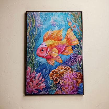 Whimsical Coral Reef Fish Canvas Art, Vibrant Underwater Portrait in dark walnut floating frame
