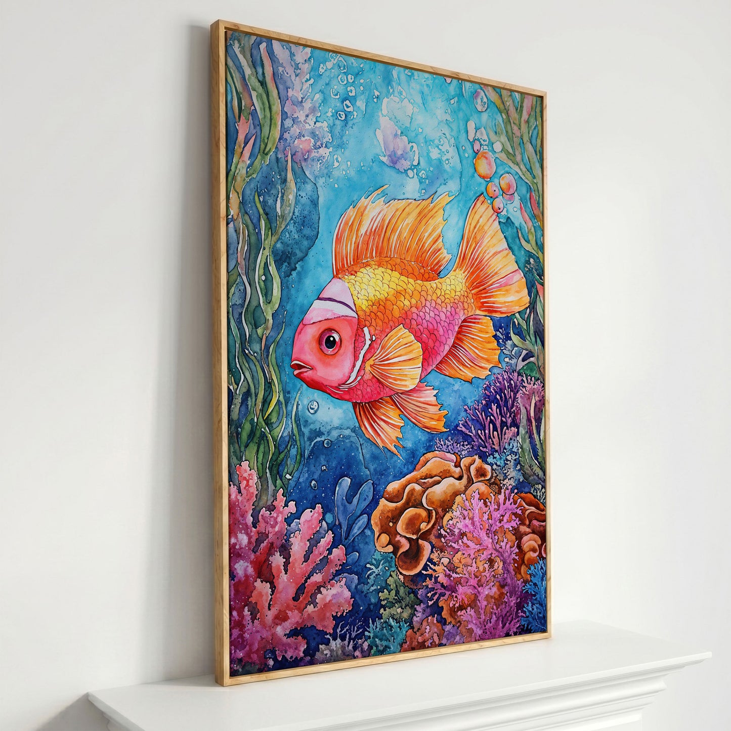 Whimsical Coral Reef Fish Canvas Art, Vibrant Underwater Portrait in white oak floating frame