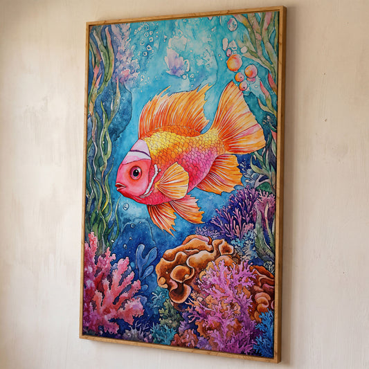 Whimsical Coral Reef Fish Canvas Art, Vibrant Underwater Portrait shown in white oak floating frame