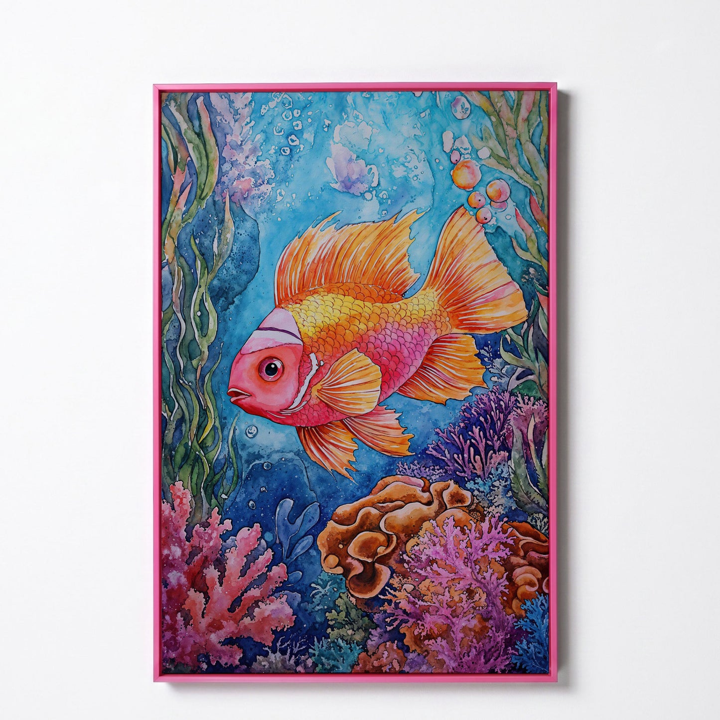 Whimsical Coral Reef Fish Canvas Art, Vibrant Underwater Portrait in pink floating frame