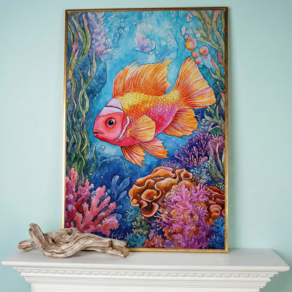 Whimsical Coral Reef Fish Canvas Art, Vibrant Underwater Portrait in rose gold floating frame