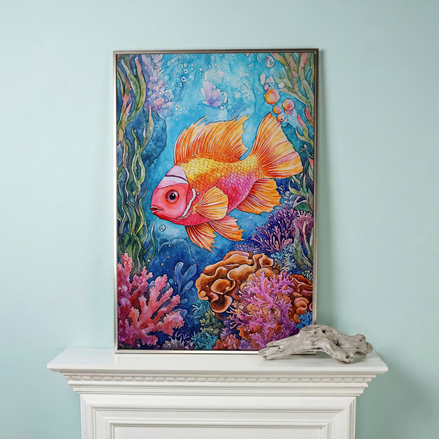 Whimsical Coral Reef Fish Canvas Art, Vibrant Underwater Portrait in silver floating frame