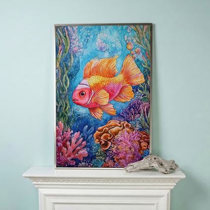 Whimsical Coral Reef Fish Canvas Art, Vibrant Underwater Portrait in silver floating frame