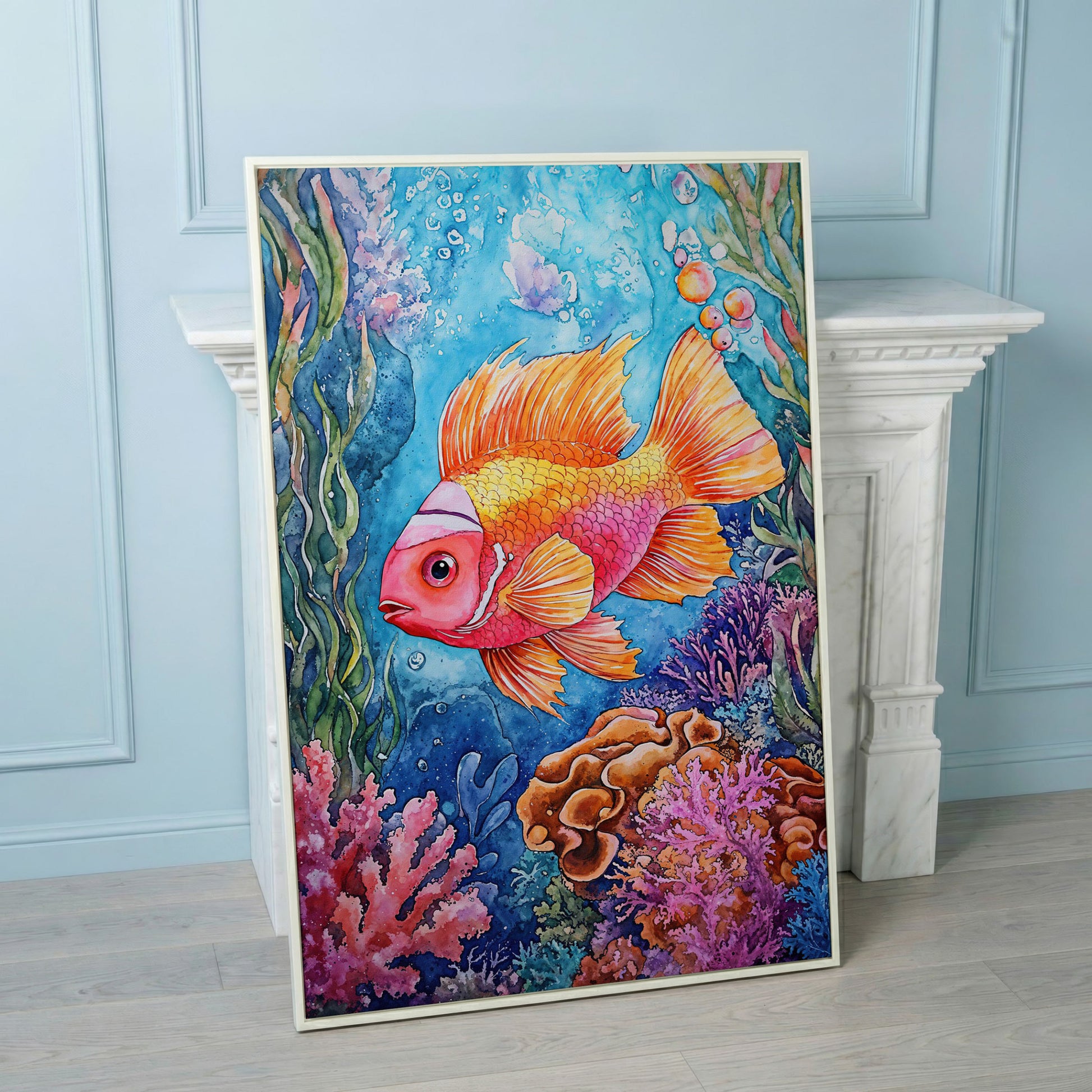 Whimsical Coral Reef Fish Canvas Art, Vibrant Underwater Portrait in white floating frame