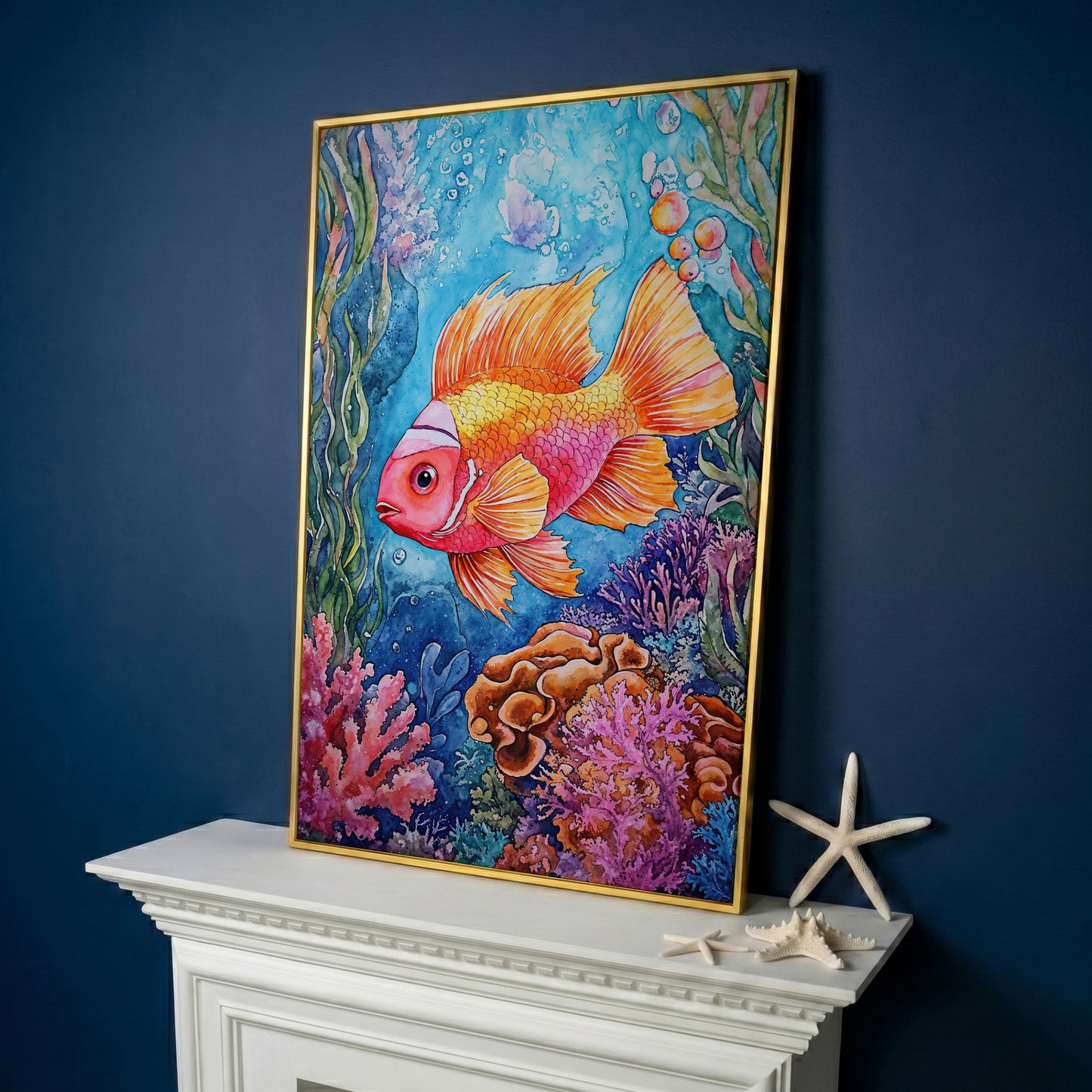 Whimsical Coral Reef Fish Canvas Art, Vibrant Underwater Portrait in yellow gold floating frame