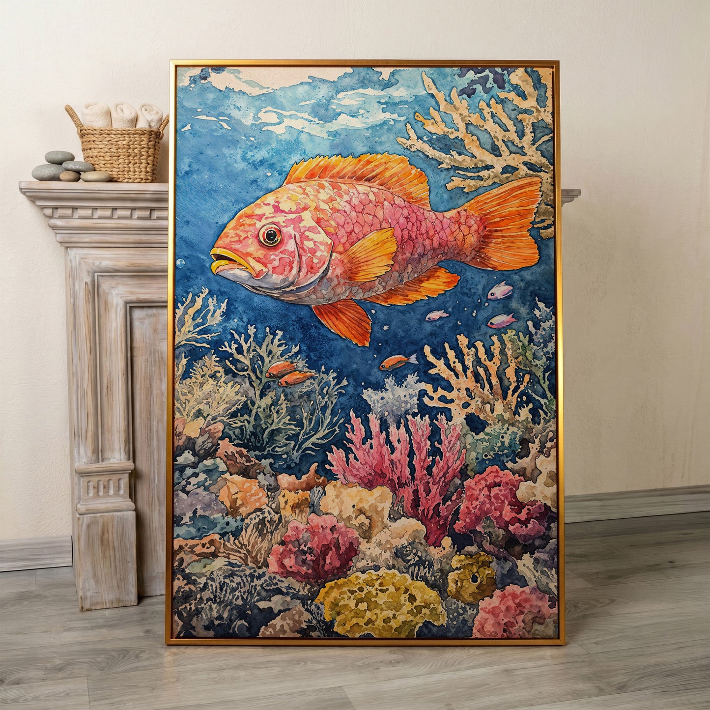 Orange and Pink Fish in Coral Reef, Canvas Wall Art in antique gold floating frame