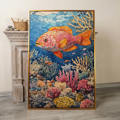 Orange and Pink Fish in Coral Reef, Canvas Wall Art in antique gold floating frame