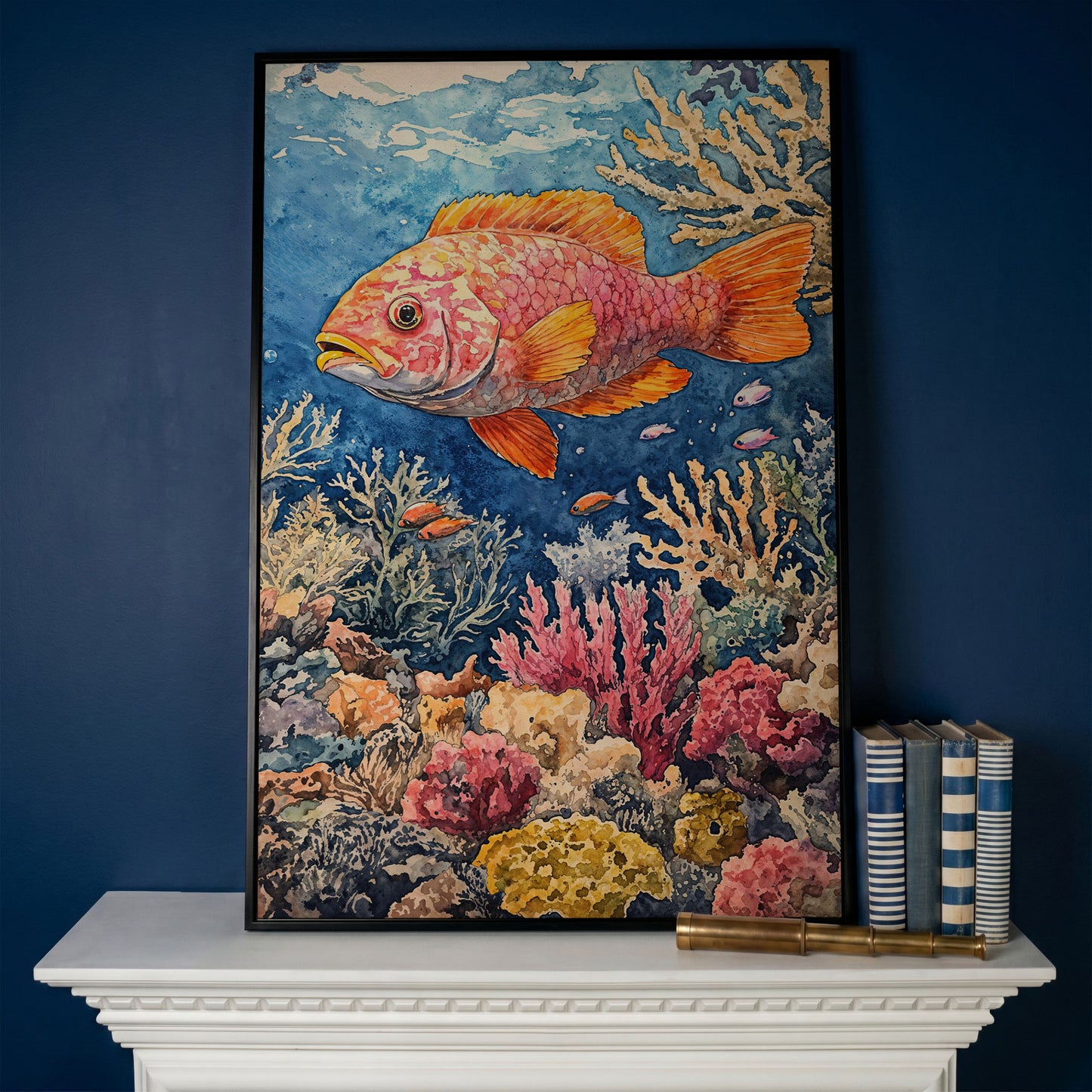 Orange and Pink Fish in Coral Reef, Canvas Wall Art in black floating frame