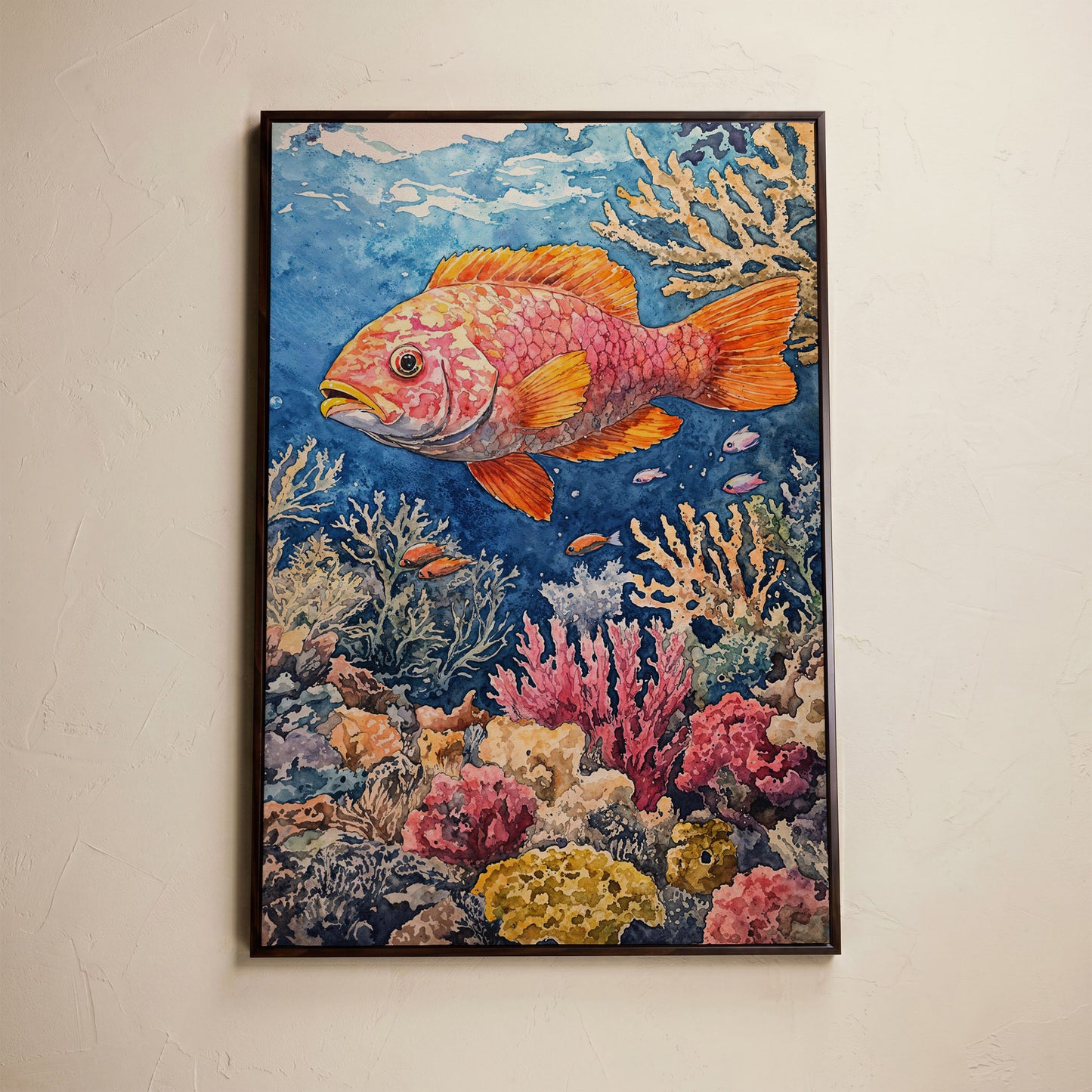 Orange and Pink Fish in Coral Reef, Canvas Wall Art in dark walnut floating frame