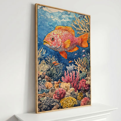 Orange and Pink Fish in Coral Reef, Canvas Wall Art in white oak floating frame
