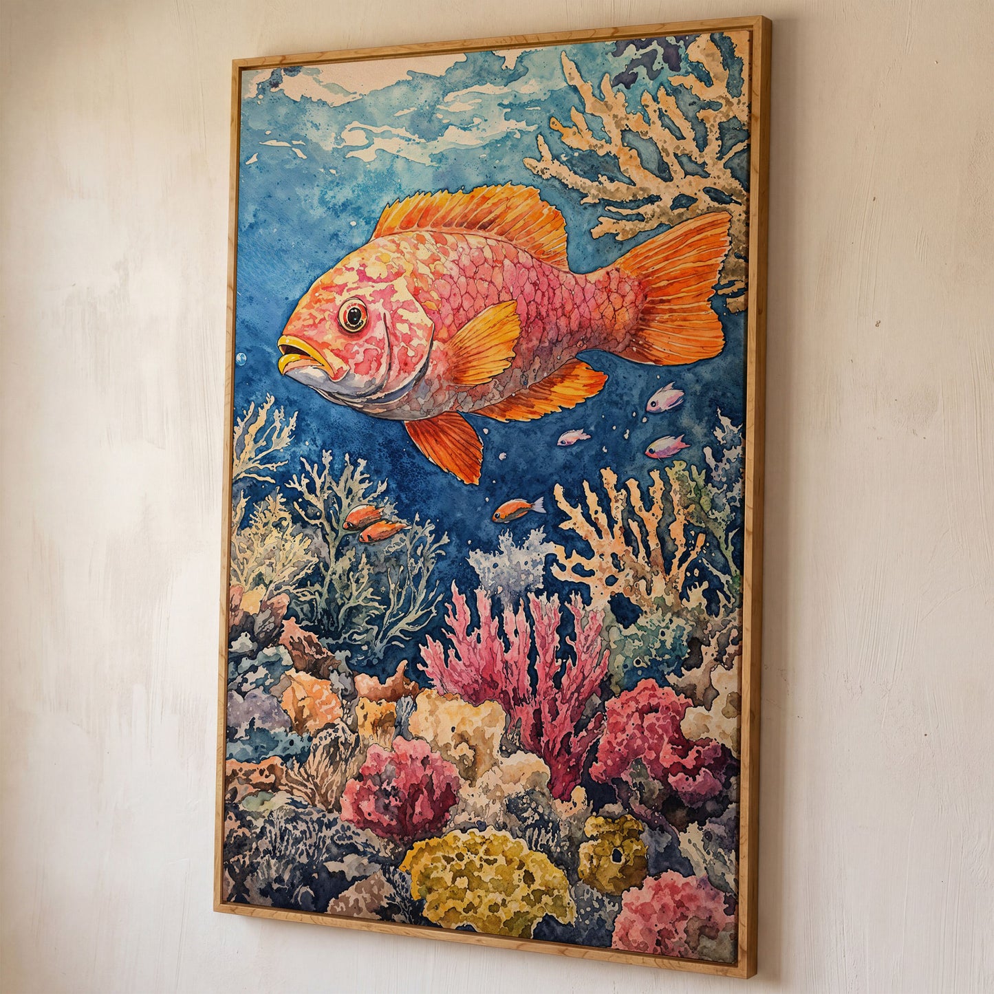 Orange and Pink Fish in Coral Reef, Canvas Wall Art shown in white oak floating frame