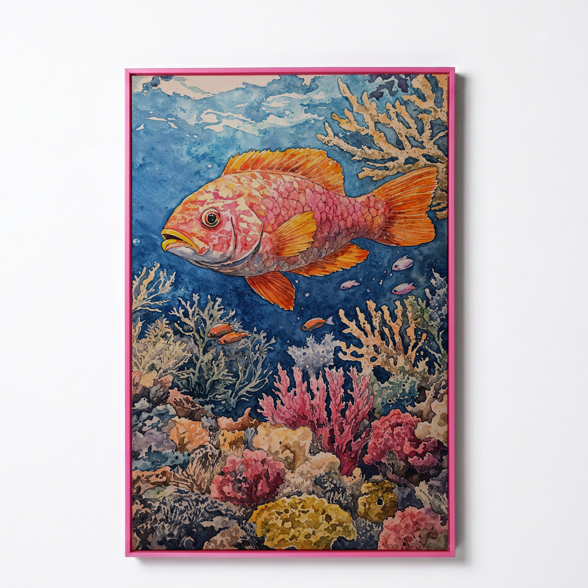 Orange and Pink Fish in Coral Reef, Canvas Wall Art in pink floating frame