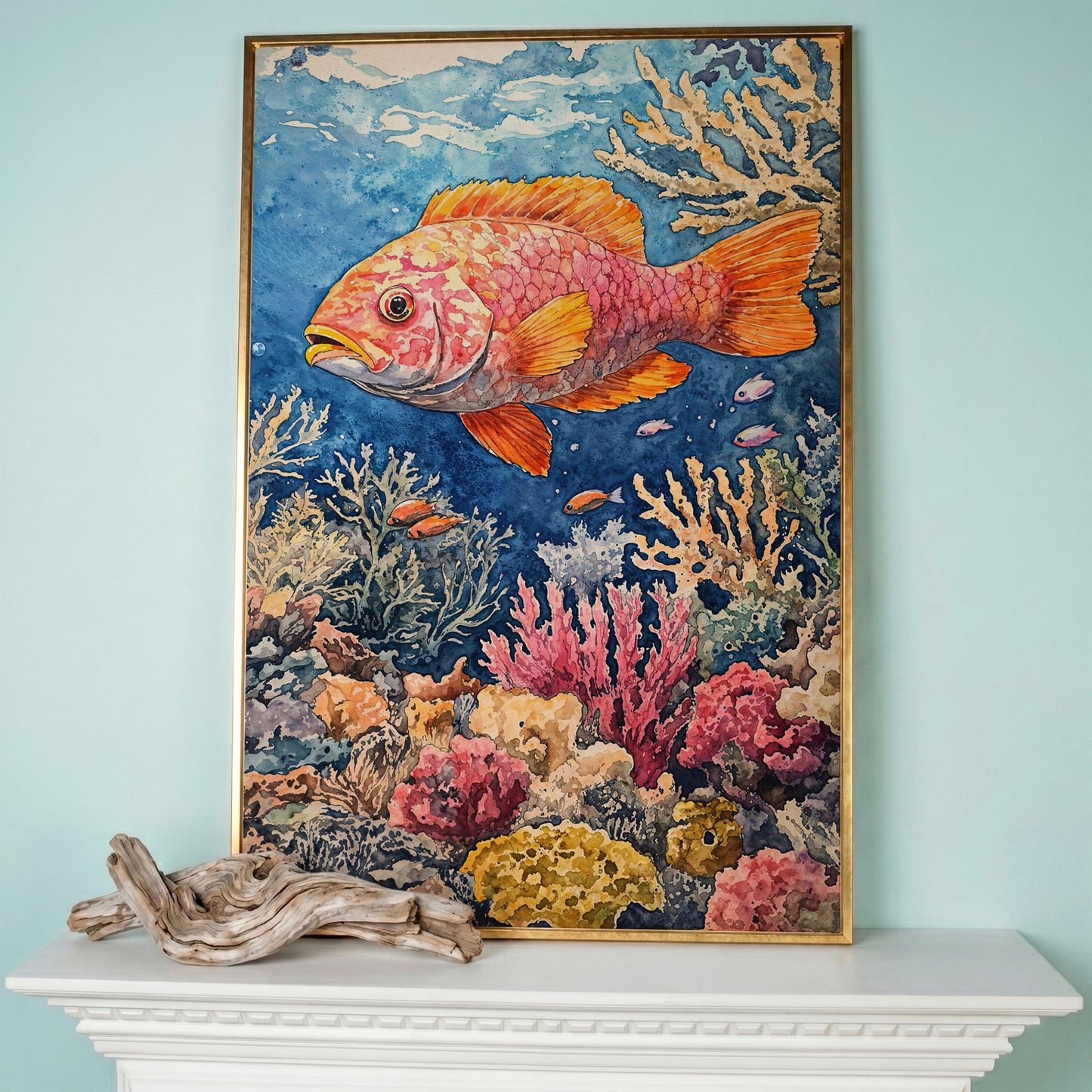 Orange and Pink Fish in Coral Reef, Canvas Wall Art in rose gold floating frame