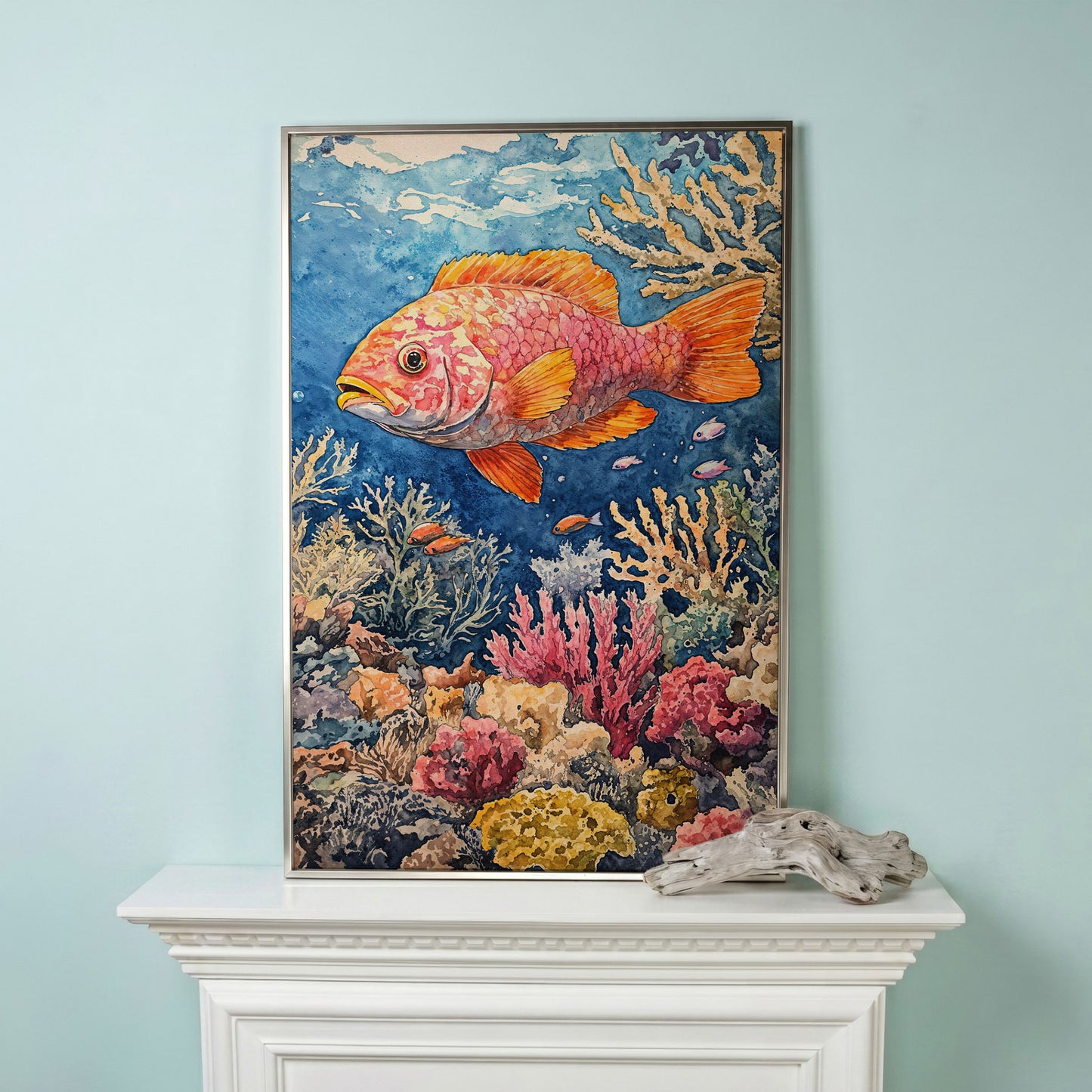 Orange and Pink Fish in Coral Reef, Canvas Wall Art in silver floating frame