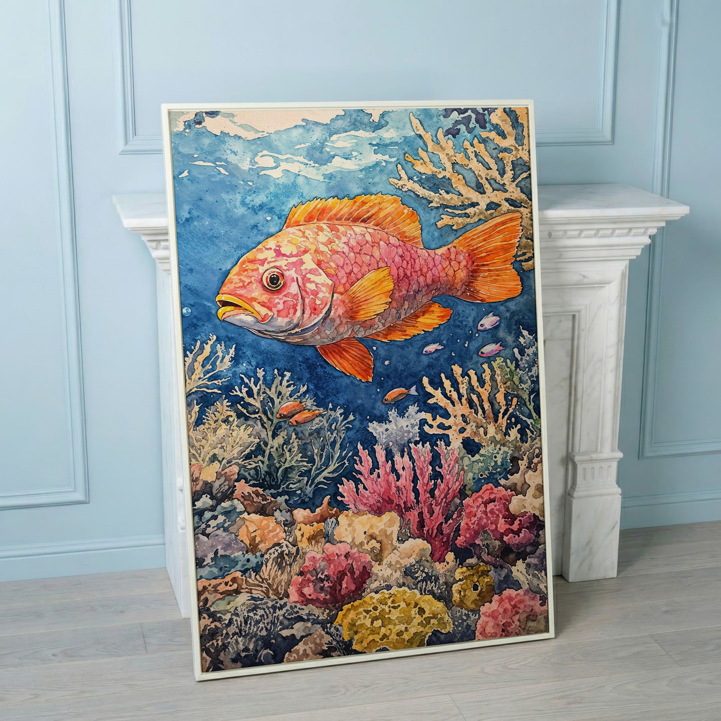 Orange and Pink Fish in Coral Reef, Canvas Wall Art in white floating frame