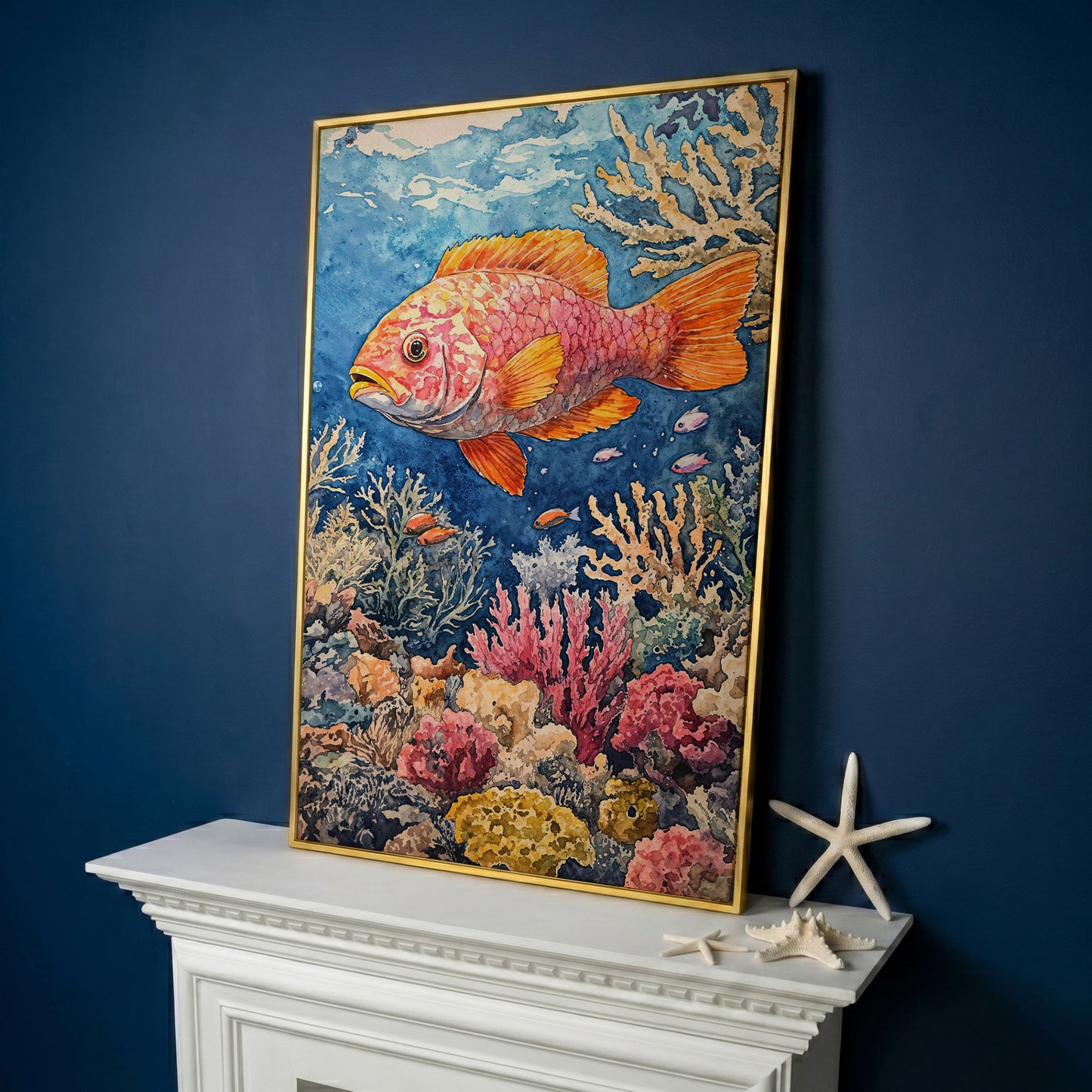Orange and Pink Fish in Coral Reef, Canvas Wall Art in yellow gold floating frame