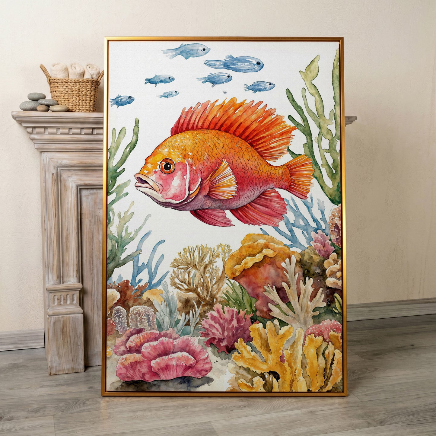 Tropical Fish and Coral Reef Canvas Wall Art in antique gold floating frame