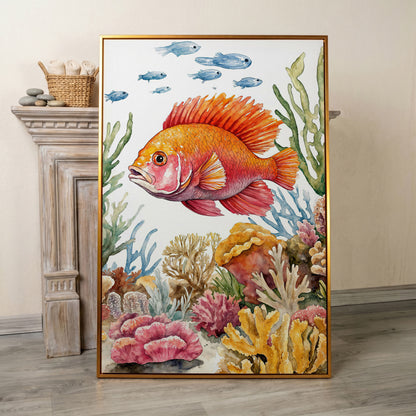 Tropical Fish and Coral Reef Canvas Wall Art in antique gold floating frame