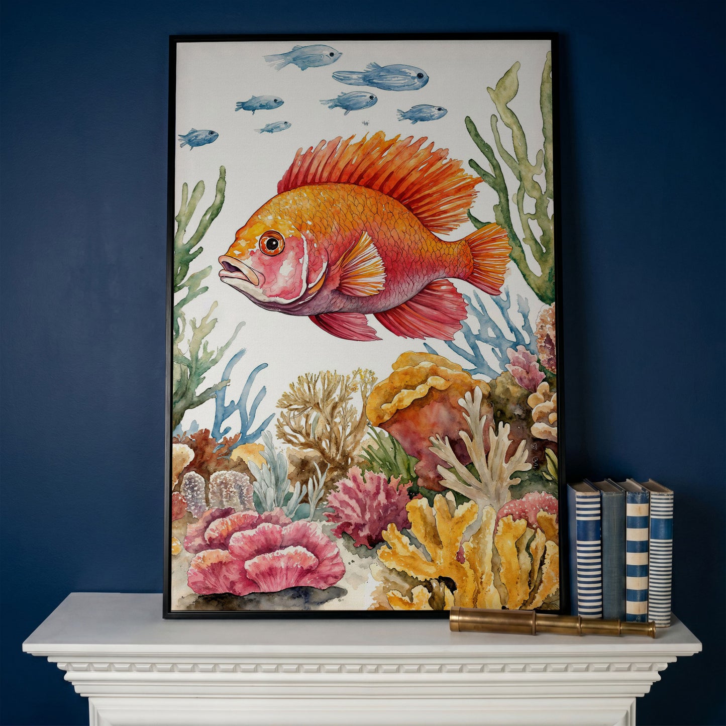 Tropical Fish and Coral Reef Canvas Wall Art in black floating frame