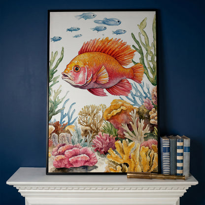 Tropical Fish and Coral Reef Canvas Wall Art in black floating frame