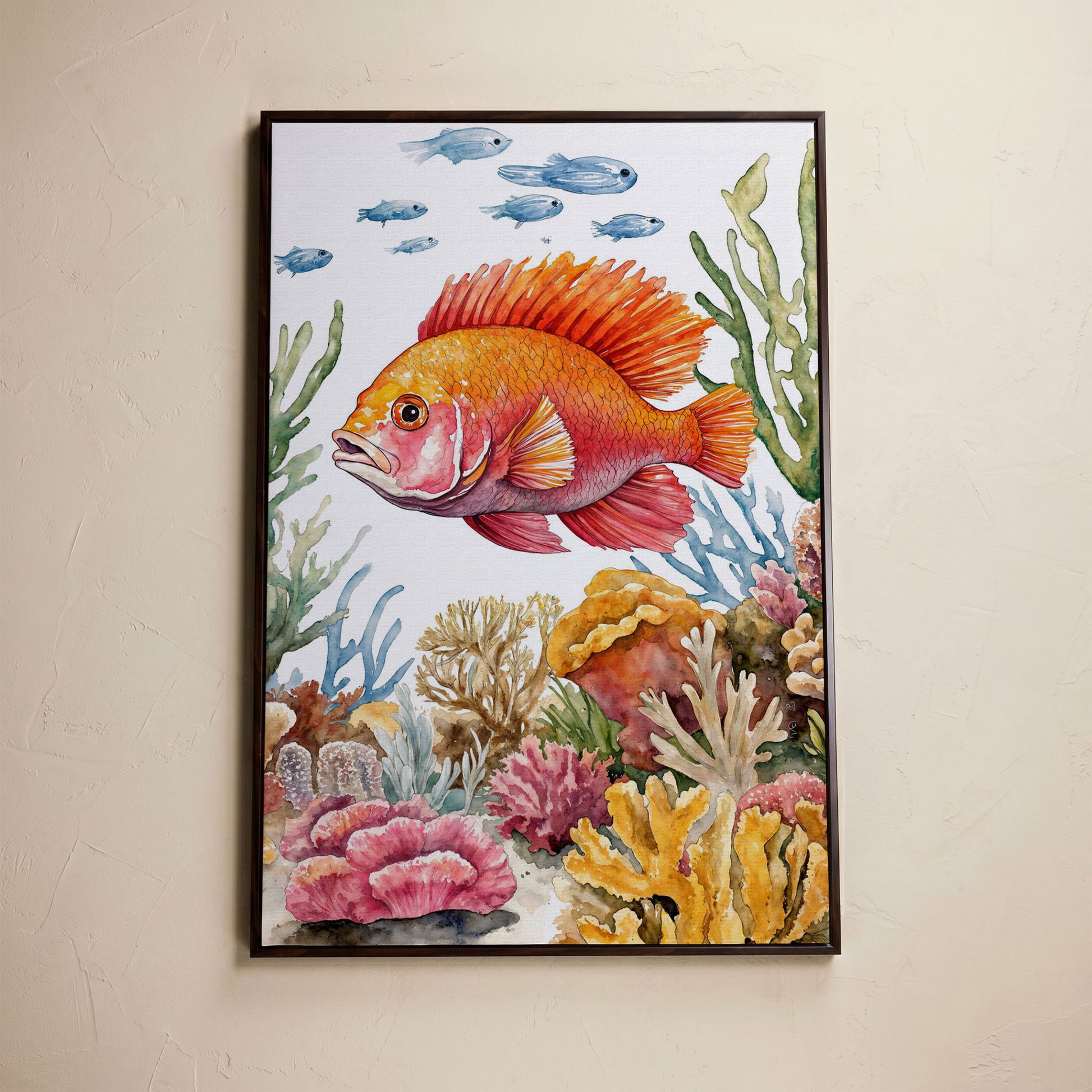 Tropical Fish and Coral Reef Canvas Wall Art in dark walnut floating frame