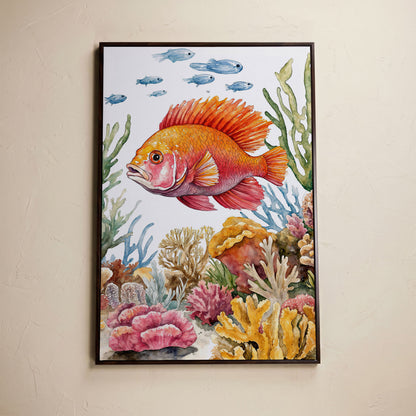 Tropical Fish and Coral Reef Canvas Wall Art in dark walnut floating frame