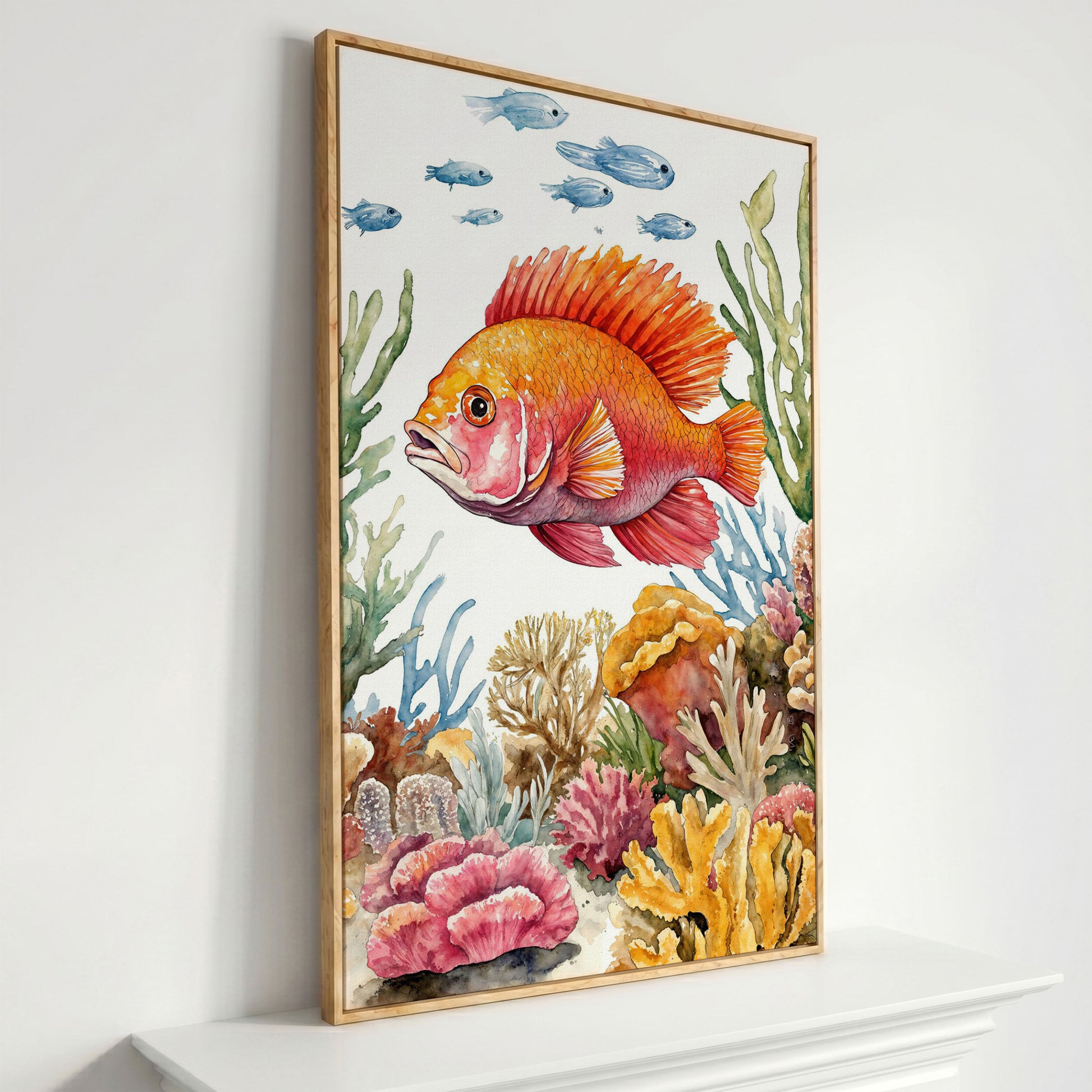 Tropical Fish and Coral Reef Canvas Wall Art in white oak floating frame